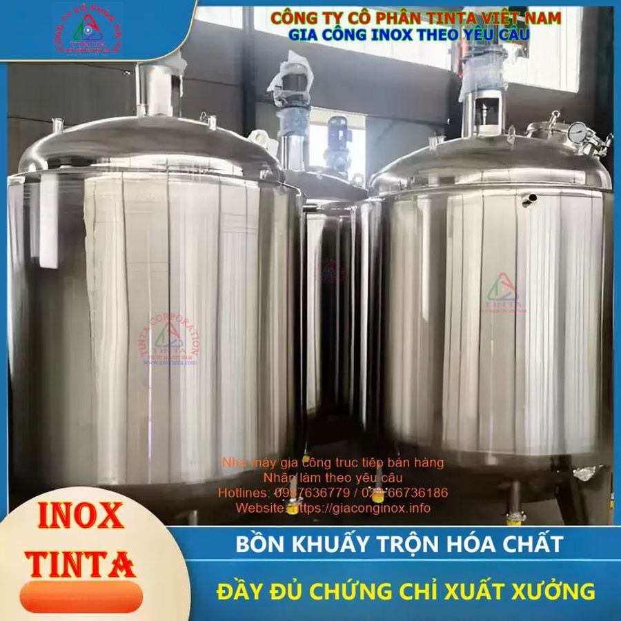 Bồn chứa công nghiệp inox tại TP.HCM, chuyên dụng cho khuấy trộn thực phẩm, hóa chất, nước giải khát, rượu bia, gia công đa dạng kiểu dáng.