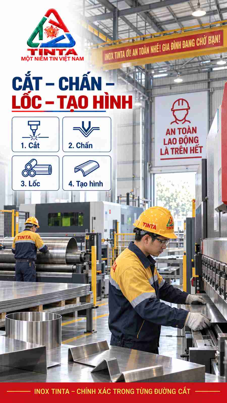 Diện mạo bảo hộ lao động mới – INOX TINTA nâng tầm tay nghề gia công bồn bảo ôn inox 316, chú trọng từng đường hàn, lớp cách nhiệt và độ hoàn thiện công nghiệp.